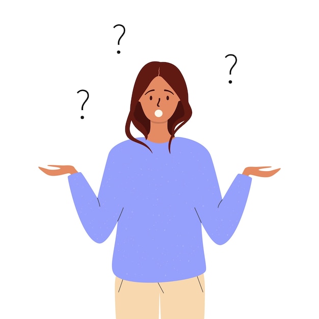 A puzzled or doubting woman with question marks over her head. Problem solving and choice.
