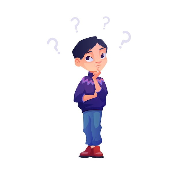 Puzzled thinking boy child question marks above
