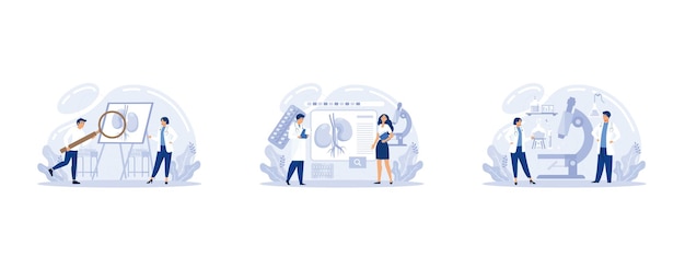 pyelonephritis landing page template set. tiny doctors nephrologist characters diagnosing