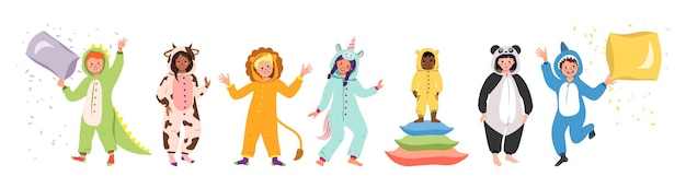 Pyjamapartij voor kinderen. Aantal kinderen die jumpsuits of kigurumi van verschillende dieren dragen.