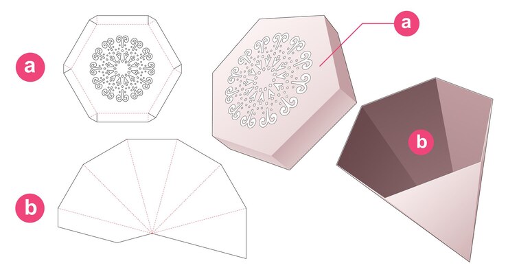 Vector pylon hexagonal box and lid with stenciled mandala die cut template