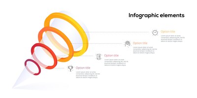 矢量金字塔4步流程图表信息图与选项圆。漏斗业务工作流层次结构元素。公司演示幻灯片模板。现代矢量信息图形布局设计。