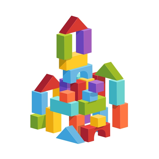 Пирамида построена из детских кубиков. Игрушечный замок для детских игр. Плоский
