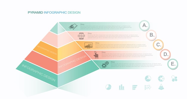 Grafico a piramide diagramma triangolo segno infografica aziendale con cinque livelli o passaggi di gerarchia