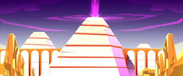 Vector pyramid desert landscape with complex illuminated sandstone soil on bright purple fantasy