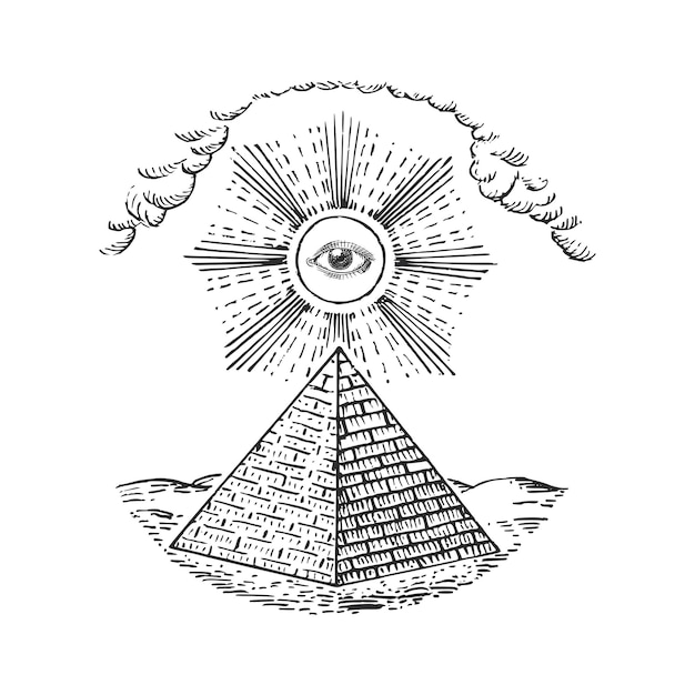 Vector pyramid and eye of providence vector illustration in engraving style freemasonry sign mystic symbol