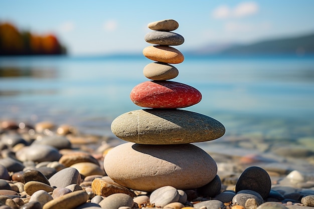 A pyramid of gray and white stones on the seashore black and white picture of a pebble figure pyram