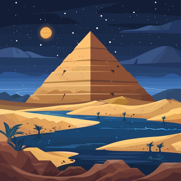 이집트의 피라미드_밤_사막_강 근처
