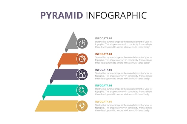 피라미드 인포그래픽 플레이트 터는 6개의 목록 계층, 옵션 단계, 프레젠테이션을 위한 레이아웃 요소를 포함합니다.