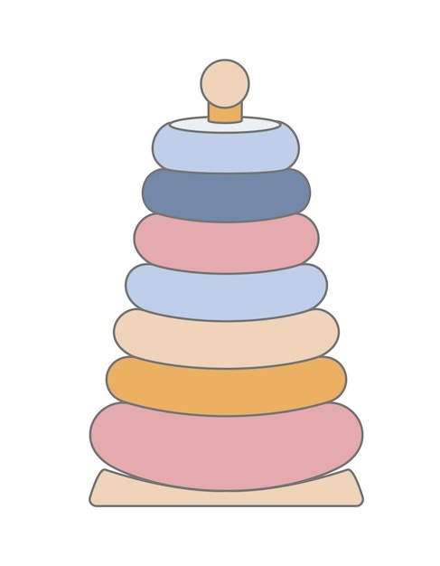 흰색 배경에 만화 스타일의 아기 디자인을 위한 플라스틱 링 빈티지 그림이 있는 피라미드 아이 장난감