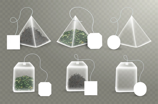 Pyramid and rectangular shape tea bag set.  with empty square, rectangle labels. green and black tea.  realistic teabag template.  illustration