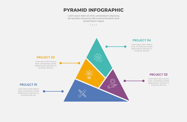 pyramid or triangle shape infographic outline style with 4 point template with puzzle unbalance structure with horizontal pointer opposite for slide presentation