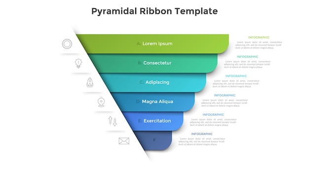 Pyramidal diagram with six colorful paper ribbon elements. Concept of 6 business options to choose. Creative infographic design template. Realistic vector illustration for website menu, banner.