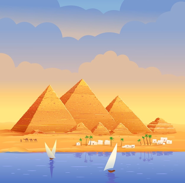 Vector the pyramids of egypt egyptian pyramids in the evening on the river the cheops pyramid in cairo in giza egyptian stone structures pyramids