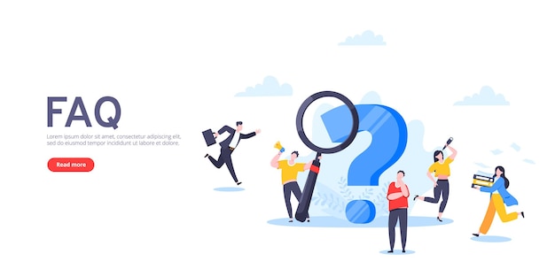 작은 인물이 있는 Q 및 A 또는 FAQ 개념 큰 물음표 자주 묻는 질문