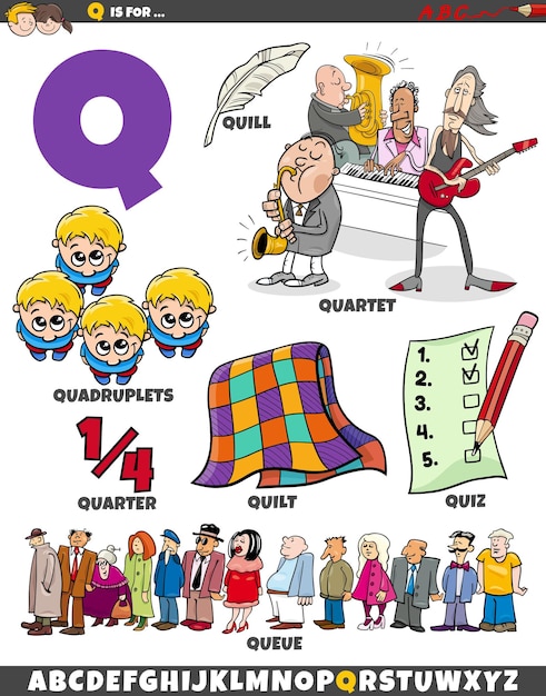 Q letter set met cartoon objecten en personages