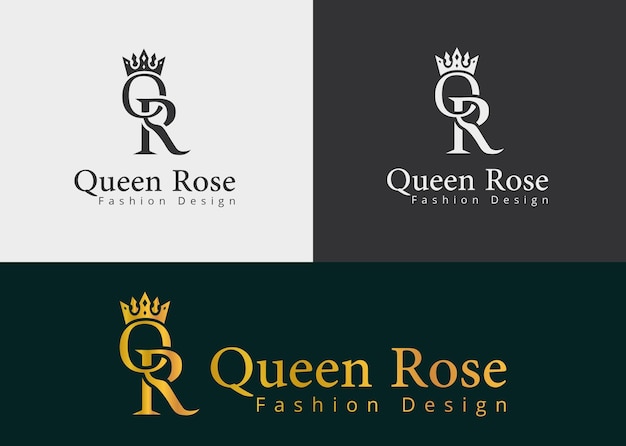 Q R alphabet queen logo with a crown in black and white with a beautiful gradient golden color
