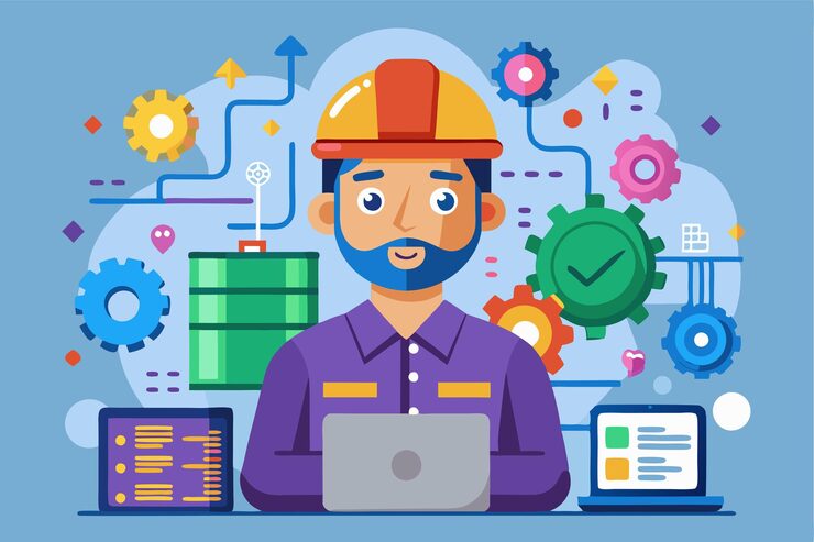 Vector a qa engineer collaborates with technology and gears focusing on software testing and quality assurance tasks qa engineers customizable flat illustration