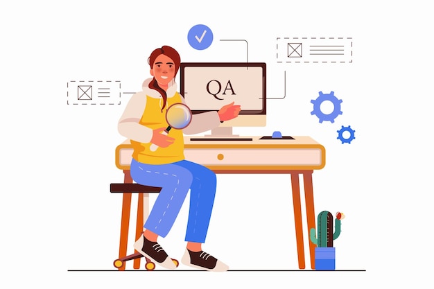 Qa engineer concept with people scene in the flat cartoon style the employee monitors the quality