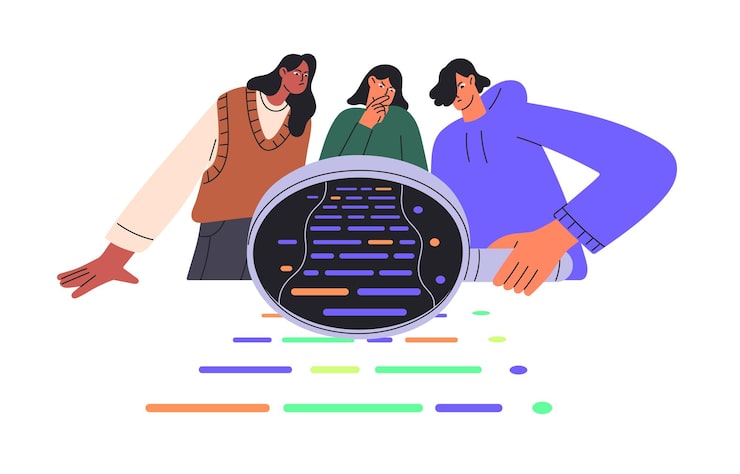 Vector qa software engineer team with magnifying glass inspect code testers in teamwork find bugs in script people search error in development programming flat isolated vector illustration on white