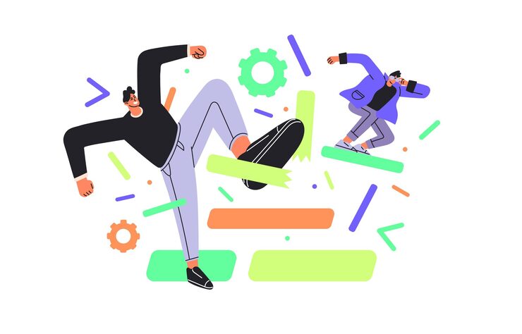 Vector qa software engineers fix bugs in code people review break elements in script testers testing program debugging development programming flat isolated vector illustration on white background