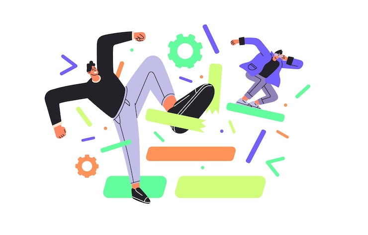 Vector qa 소프트웨어 엔지니어들은 코드의 버그를 수정합니다. 사람들은 스크립트의 브레이크 요소를 검토합니다. 테스터들은 프로그램을 테스트합니다. 디버 ⁇  개발합니다. 프로그래밍합니다.  ⁇  바탕에 평평한 고립된  ⁇ 터 일러스트레이션입니다.