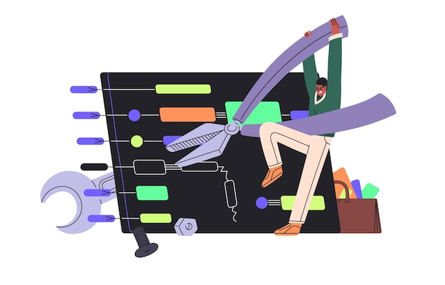QA-software-ingenieur corrigeert fouten Tester met grote tang debugging script Programmer test review algoritme Fouten in de ontwikkeling Programmering platte geïsoleerde vector illustratie op wit