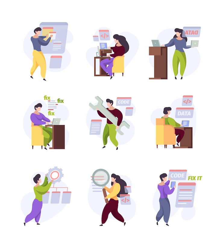 Vector qa. website quality bugs testing and fixing software prototype garish vector pictures set. illustration software find bug, programming and development