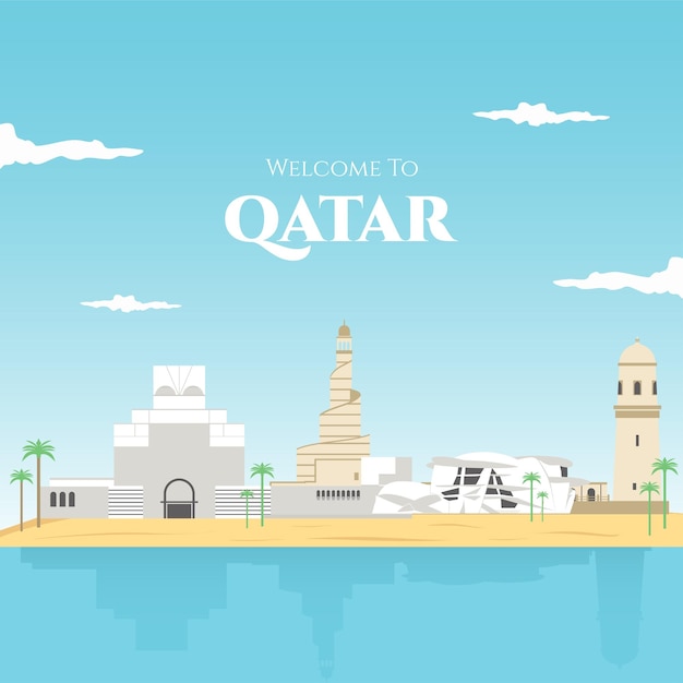 국가 건물의 국가 건물 관광 명소와 개념적 풍경 벡터 삽화가 있는 카타르 배너는 목적지 휴가를 위한 다채로운 카타르의 유명한 랜드마크입니다.