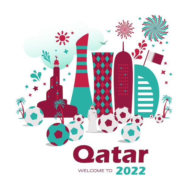 Orizzonte di doha del qatar con la siluetta della città moderna futuristica e illustrazione di calcio di calcio ab