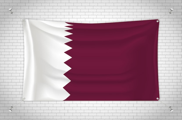 Qatar flag hanging on brick wall. 3d drawing. flag attached to the wall. neatly drawing in groups