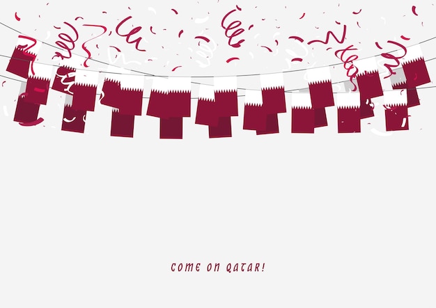 Qatar garland flag with confetti on gray background hang bunting for qatar celebration banner.