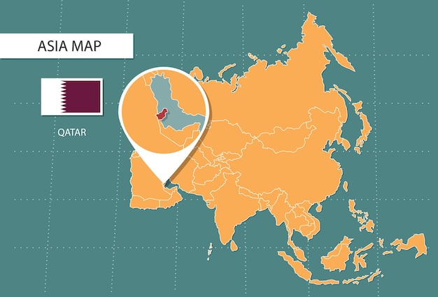 Mappa del qatar in asia icone della versione zoom che mostrano la posizione e le bandiere del qatar