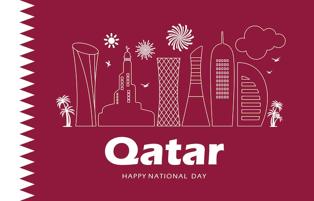 Qatar national day celebration flag modern city doha qatar national day 8 december  line illustation