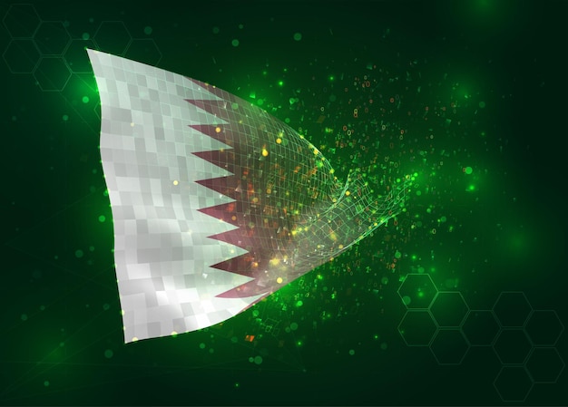 Qatar op vector 3d vlag op groene achtergrond met veelhoeken en gegevensnummers