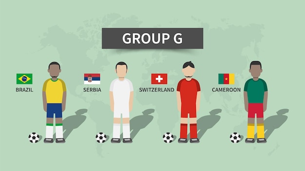 카타르 축구 컵 토너먼트 2022 32개 팀 그룹 스테이지 및 저지와 국가 플래그가 있는 만화 캐릭터 평면 디자인 벡터
