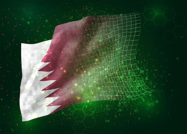 Qatar, on vector 3d flag on green background with polygons and data numbers