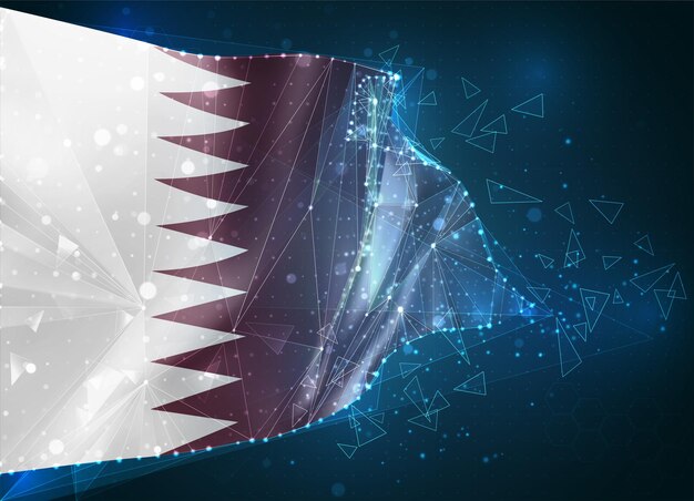 Qatar, vlag, virtueel abstract 3D-object van driehoekige veelhoeken op een blauwe achtergrond