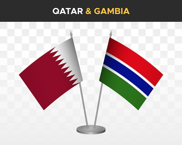 Qatar vs Gambia bureau vlaggen mockup geïsoleerde 3D-vectorillustratie Tafelvlag van Qatar