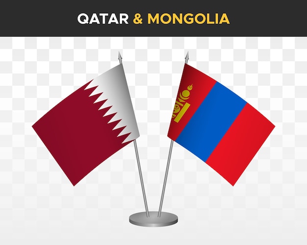 Qatar vs Mongolië bureau vlaggen mockup geïsoleerde 3D-vectorillustratie Tafelvlag van Qatar