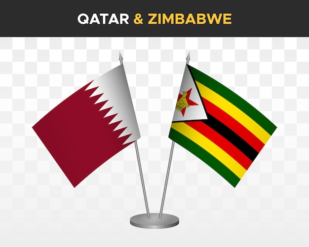 Qatar vs zimbabwe bureau vlaggen mockup geïsoleerde 3d vectorillustratie Tafelvlag van Qatar