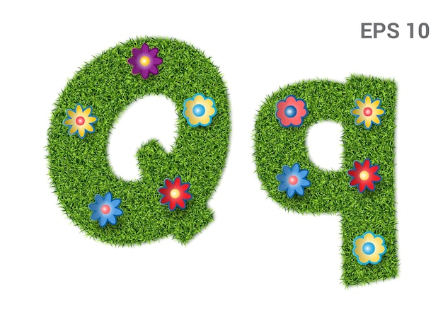 Qq大文字とアルファベットの大文字と草の質感ムーアの芝生と花