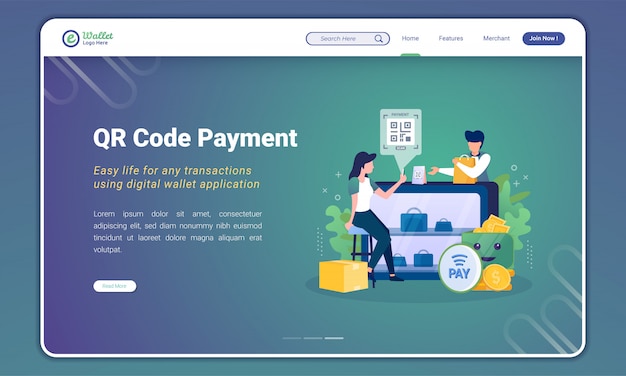 QR-code betaling illustratie voor digitale portemonnee concept op bestemmingspagina