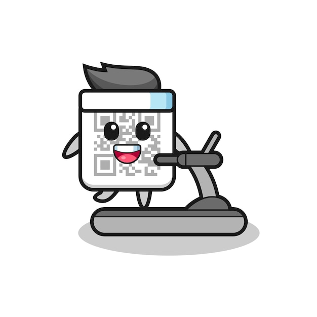 Qr code cartoon character walking on the treadmill , cute design