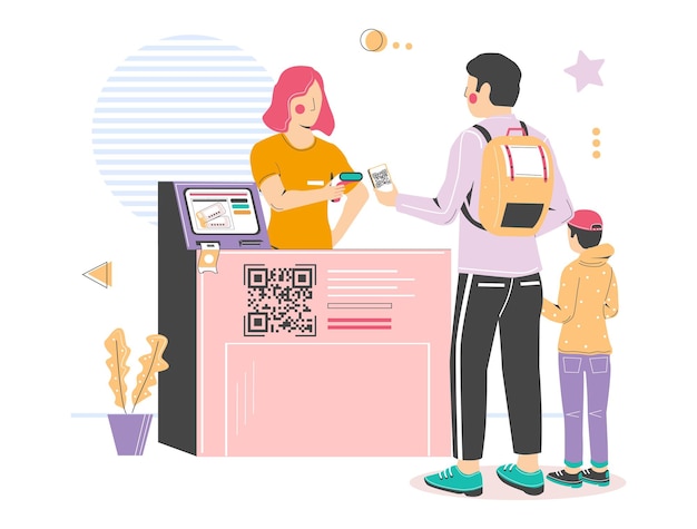 Vettore scansione del check-in del codice qr all'ingresso del cinema illustrazione vettoriale codice qr senza contatto registrazione dei visitatori...