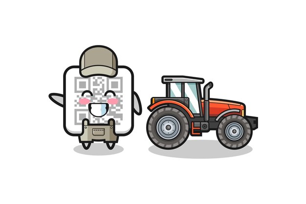 The qr code farmer mascot standing beside a tractor