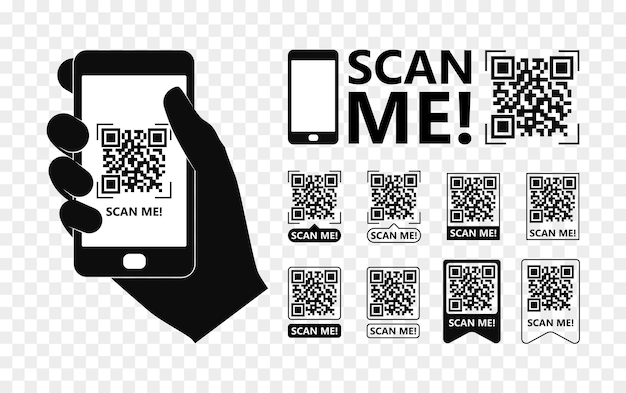 Vector qr code frame set for smartphone contactless payment scan me template hand with smartphone