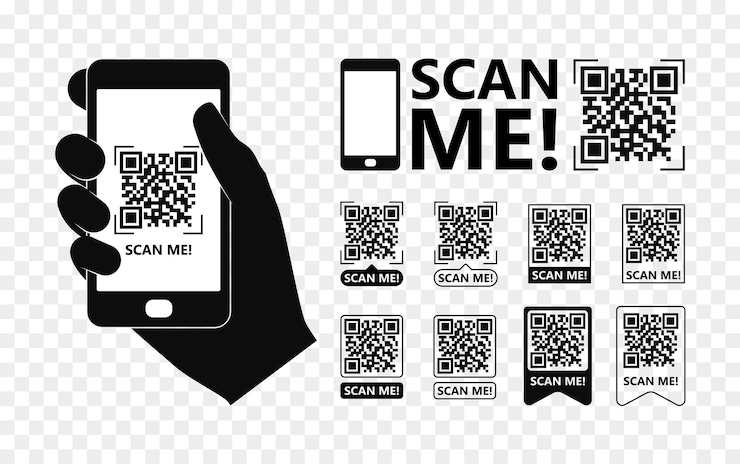 Vector qr code frame set for smartphone contactless payment scan me template hand with smartphone