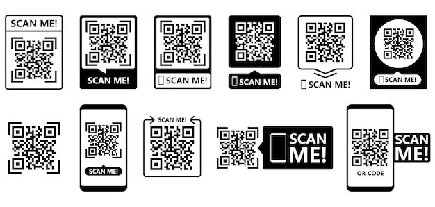 Qr code frame vector set. QR code scan for smartphone. Template scan me Qr code for smartphone. QR code for mobile app, payment and phone. Scan me phone tag. Barcode smartphone id icon.