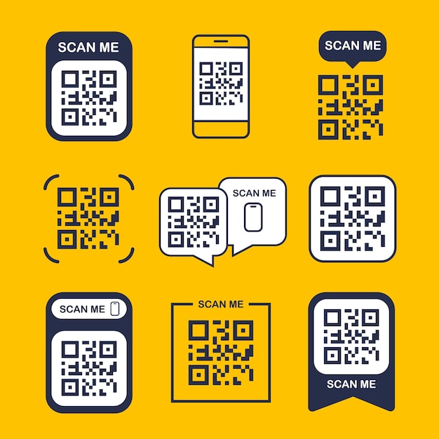 Vector qr-code icon set etiketsjabloon scannen om info te krijgen vectorillustratie geïsoleerd op geel